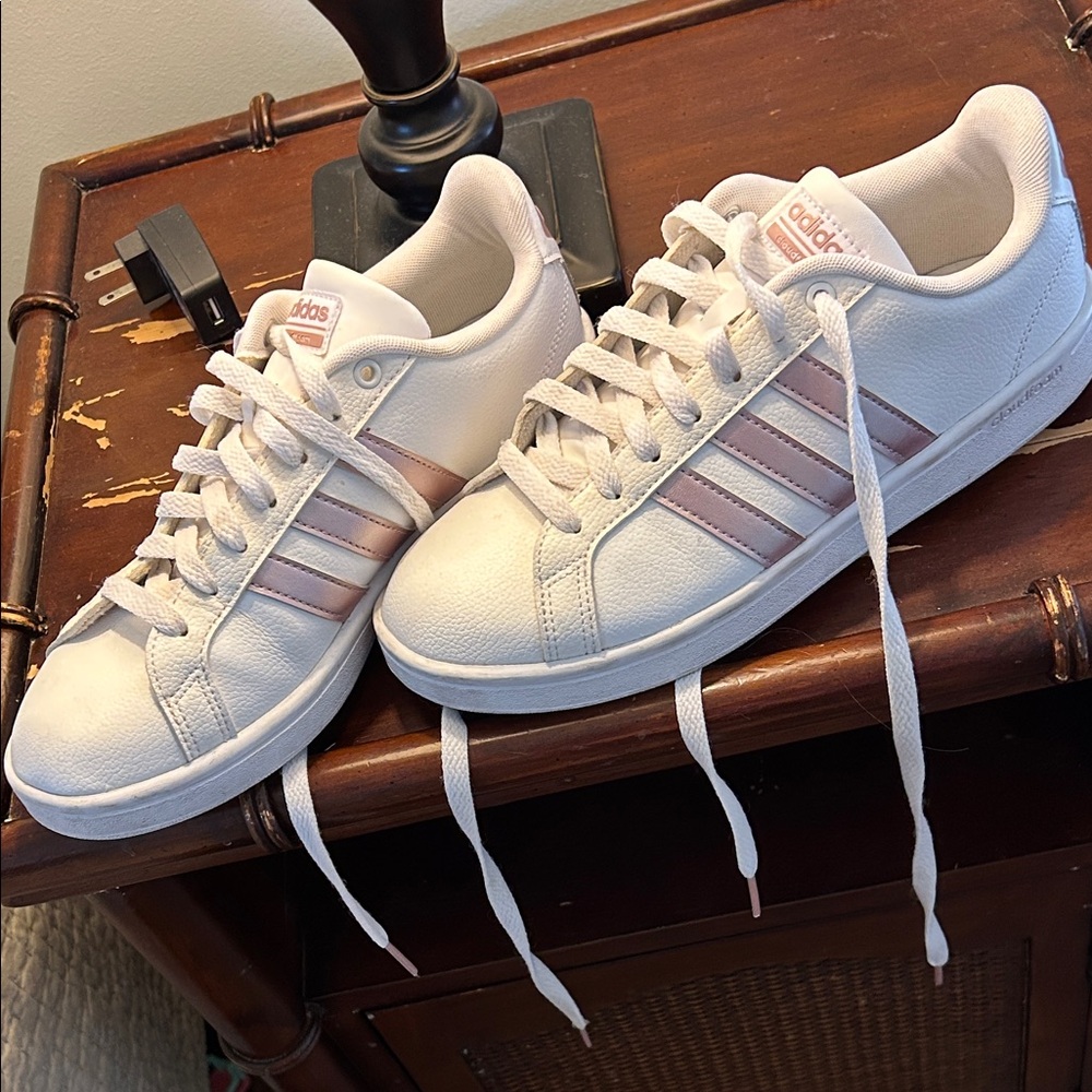Adidas Women's White Sneakers with Pink Stripes